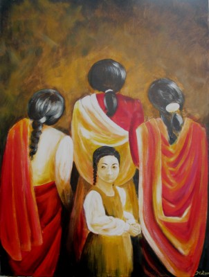 Acrylbild dreier Frauen und eines Mädchens in nepalesischer Kleidung